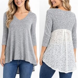 Nally & Millie Heather Gray High-Low Knit Tunic Eyelet Lace Back Size M NWT